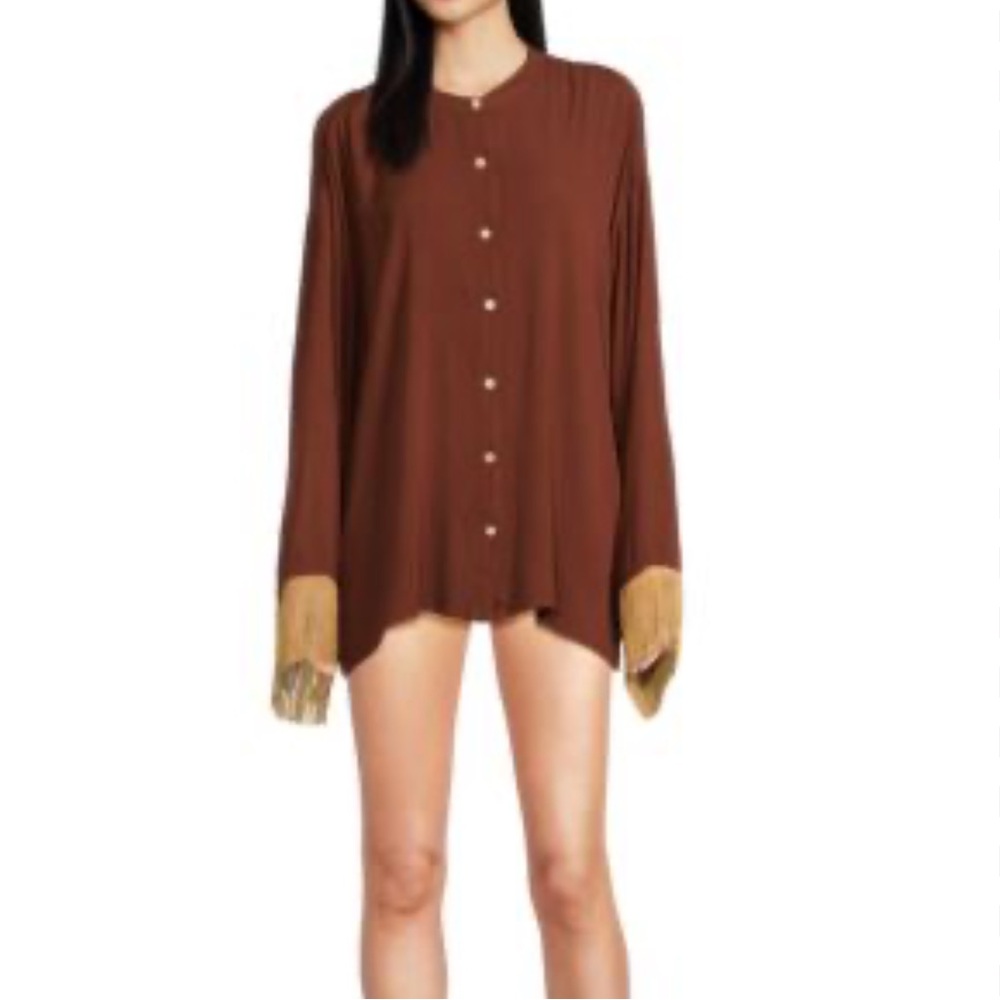Weworewhat Fringe Cover Up Oversized Top Blouse Boho Modern West Button Front